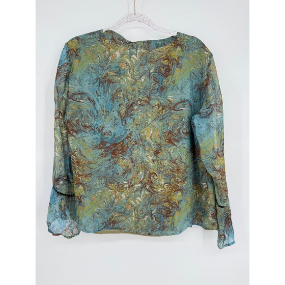 HAMPTONITE NEW YORK Silk Marble Print Bell Sleeve V Neck Blouse Top XL - Picture 4 of 11